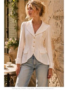 French Romantic Lace Peplum Blazer Cream Linen Coquette EU 40